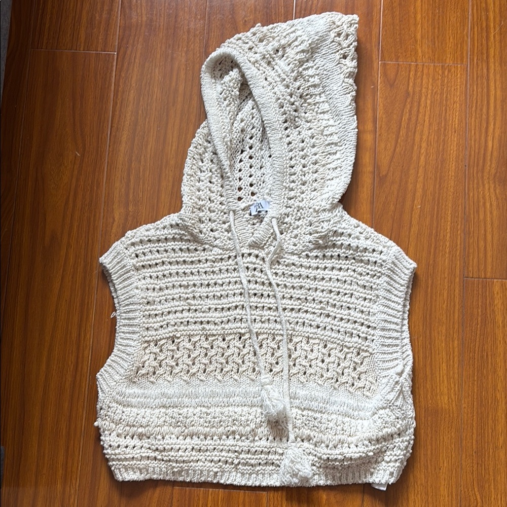 Zara Cream Crochet Knit Sleeveless Hoodie Top